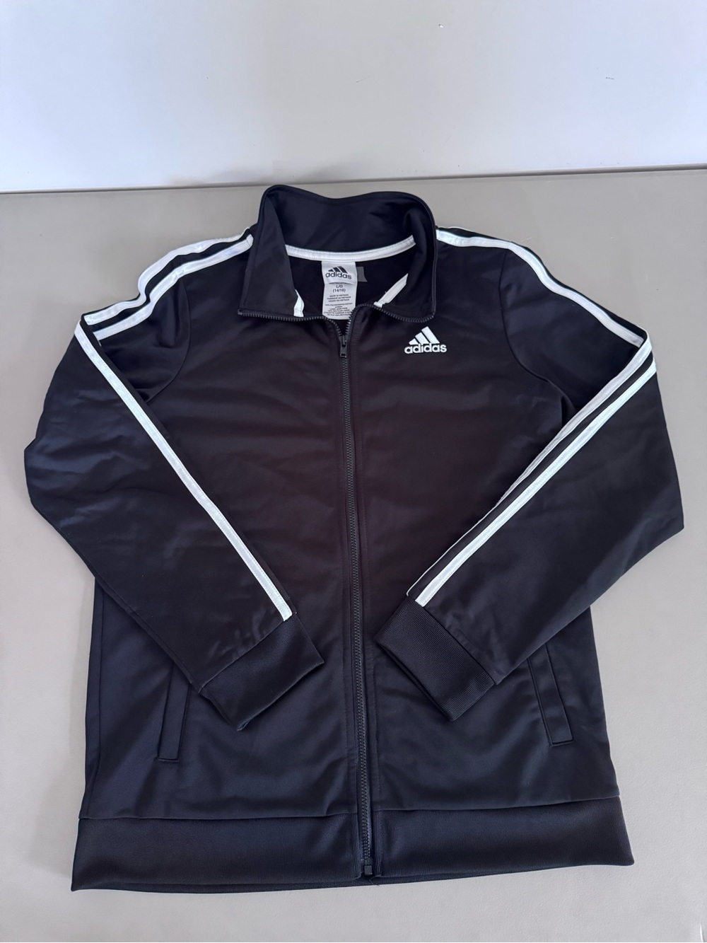 adidas Black Zip-Up Track Jacket with White Stripes Size Large 14-16